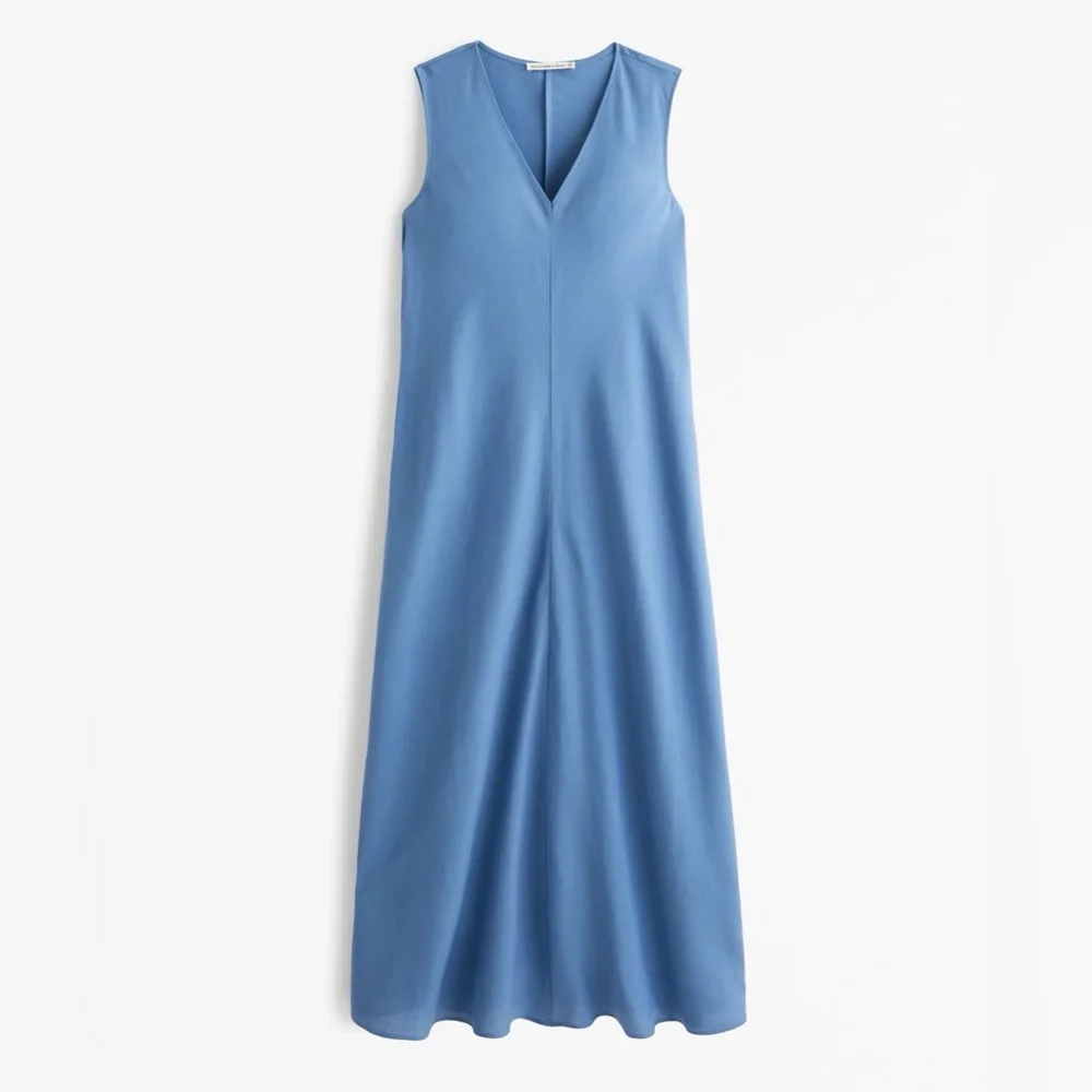 ABERCROMBIE LINEN BLEND SLEEVELESS V NECK COLUMN DRESS Blue S